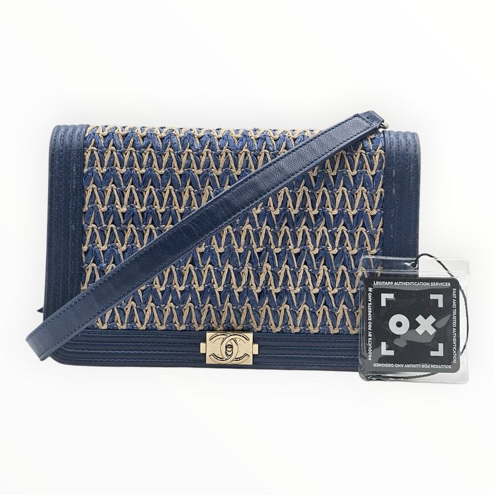 WOC Blue Beige Woven Raffia Leather Gold Chain Crossbody Bag COA